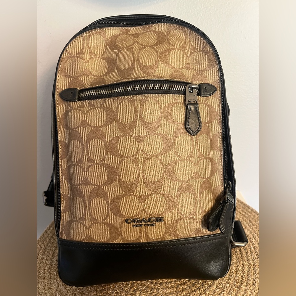 Coach Tan Signature Canvas Sling Backpack with Black Trim